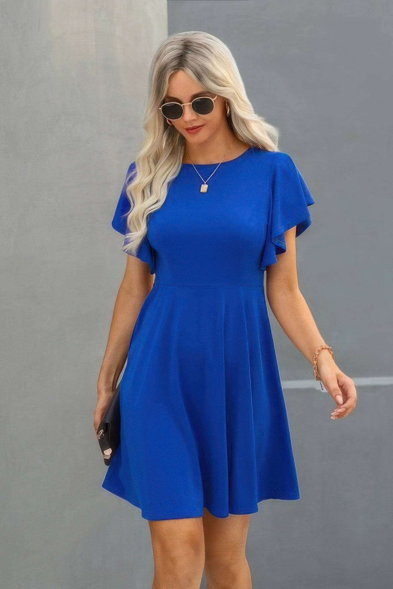 Elegant Solid Crew Neck Butterfly Sleeve Slim Dress - Tigbul's Variety Fashion Shop