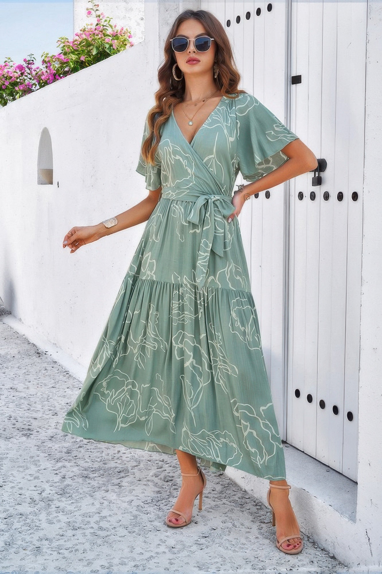 Allover Print V Neck Fit Belt A Line Long Dress - Tigbul's Variety Fashion Shop