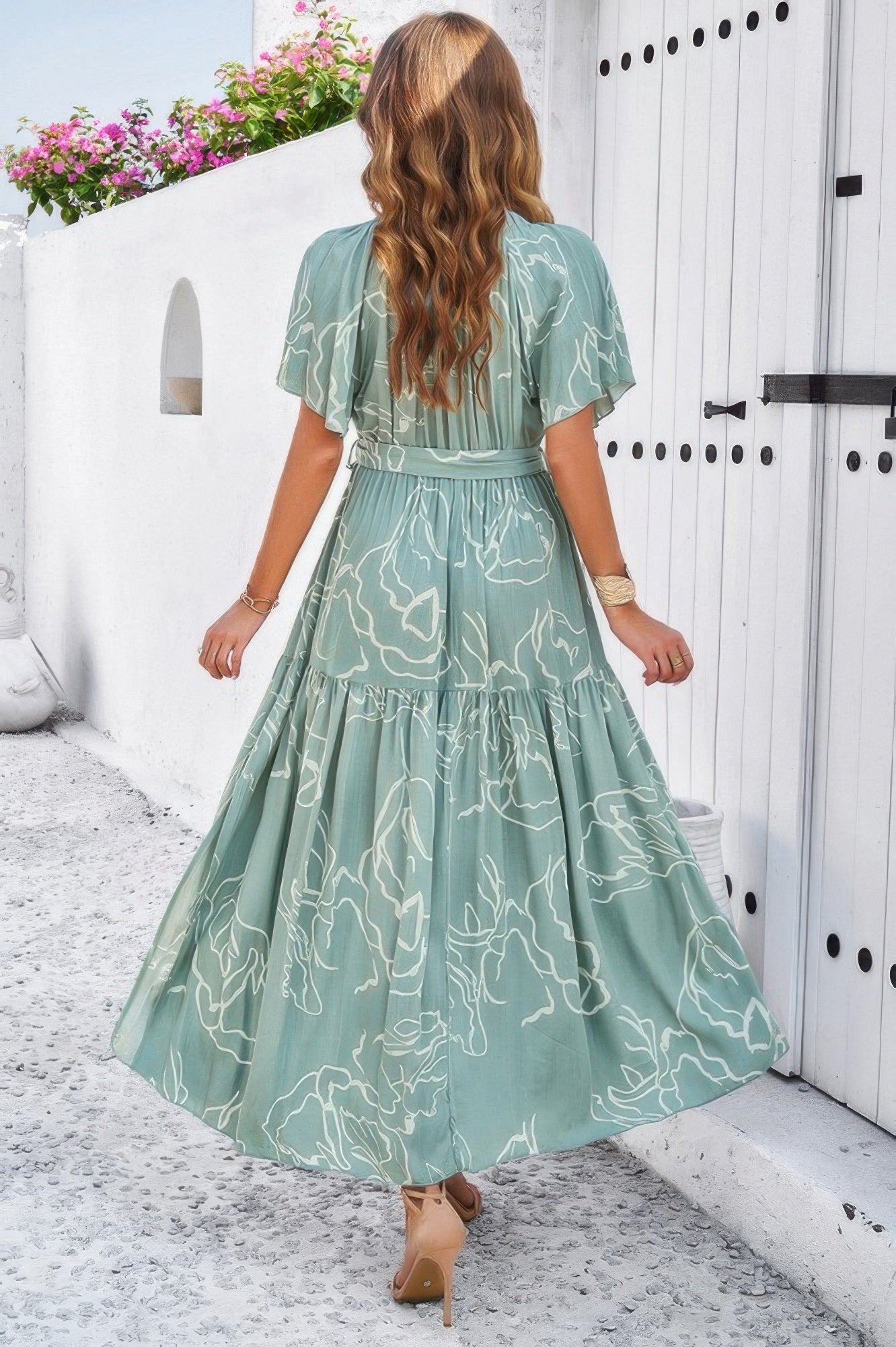 Allover Print V Neck Fit Belt A Line Long Dress - Tigbul's Variety Fashion Shop