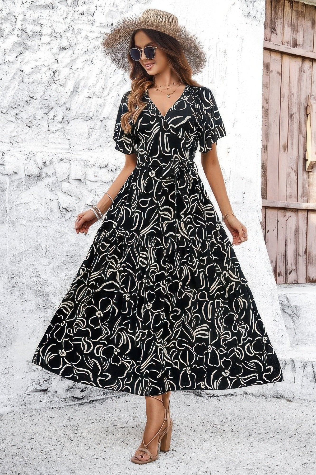 Allover Print V Neck Fit Belt A Line Long Dress - Tigbul's Variety Fashion Shop