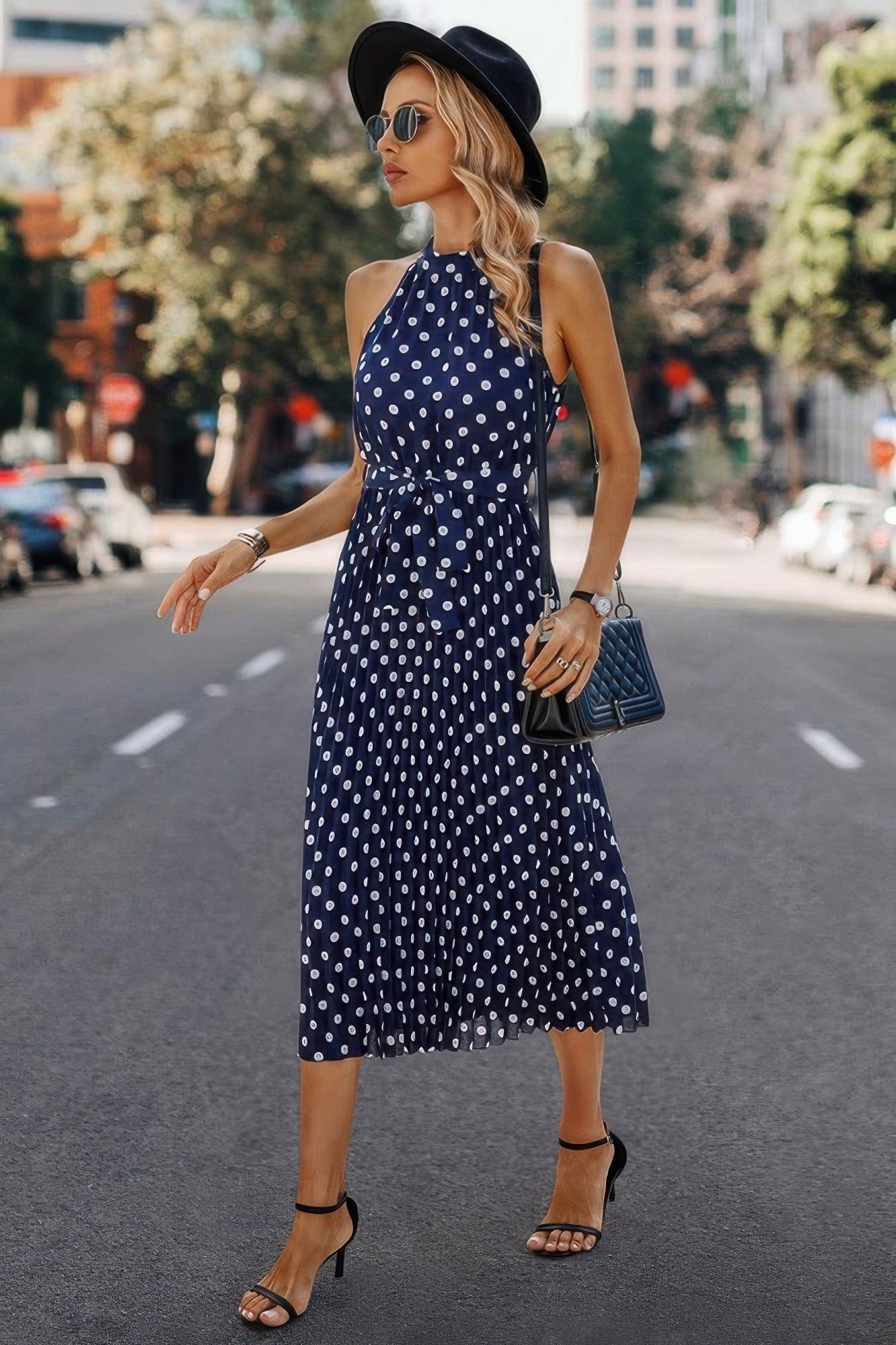 Dot Print Open Shoulder Fit Knot Belt Dress - Tigbul's Variety Fashion Shop