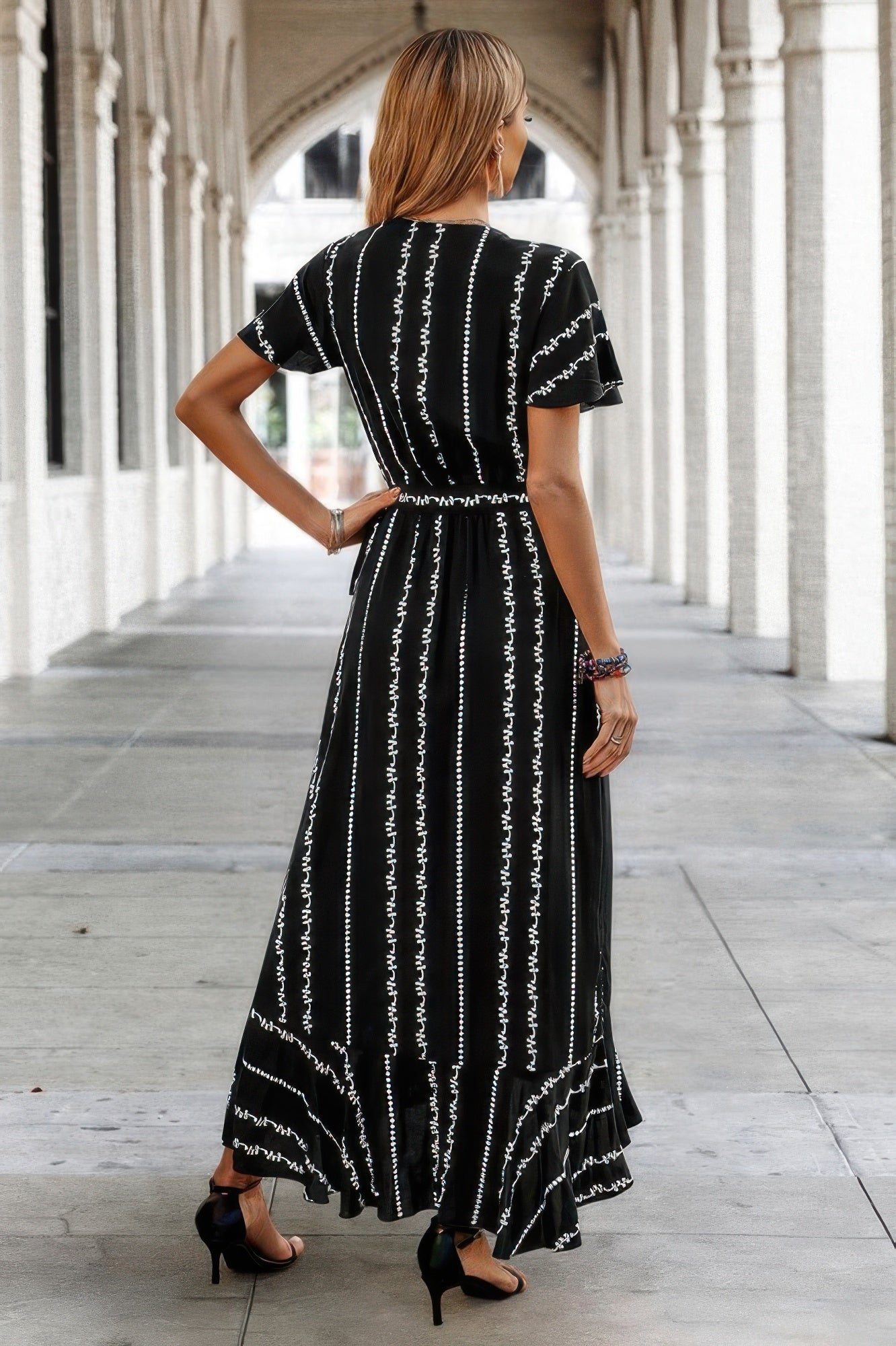 Strip Knot Belt Split V Neck Hem Ruffle Fit Dress - Tigbul's Variety Fashion Shop
