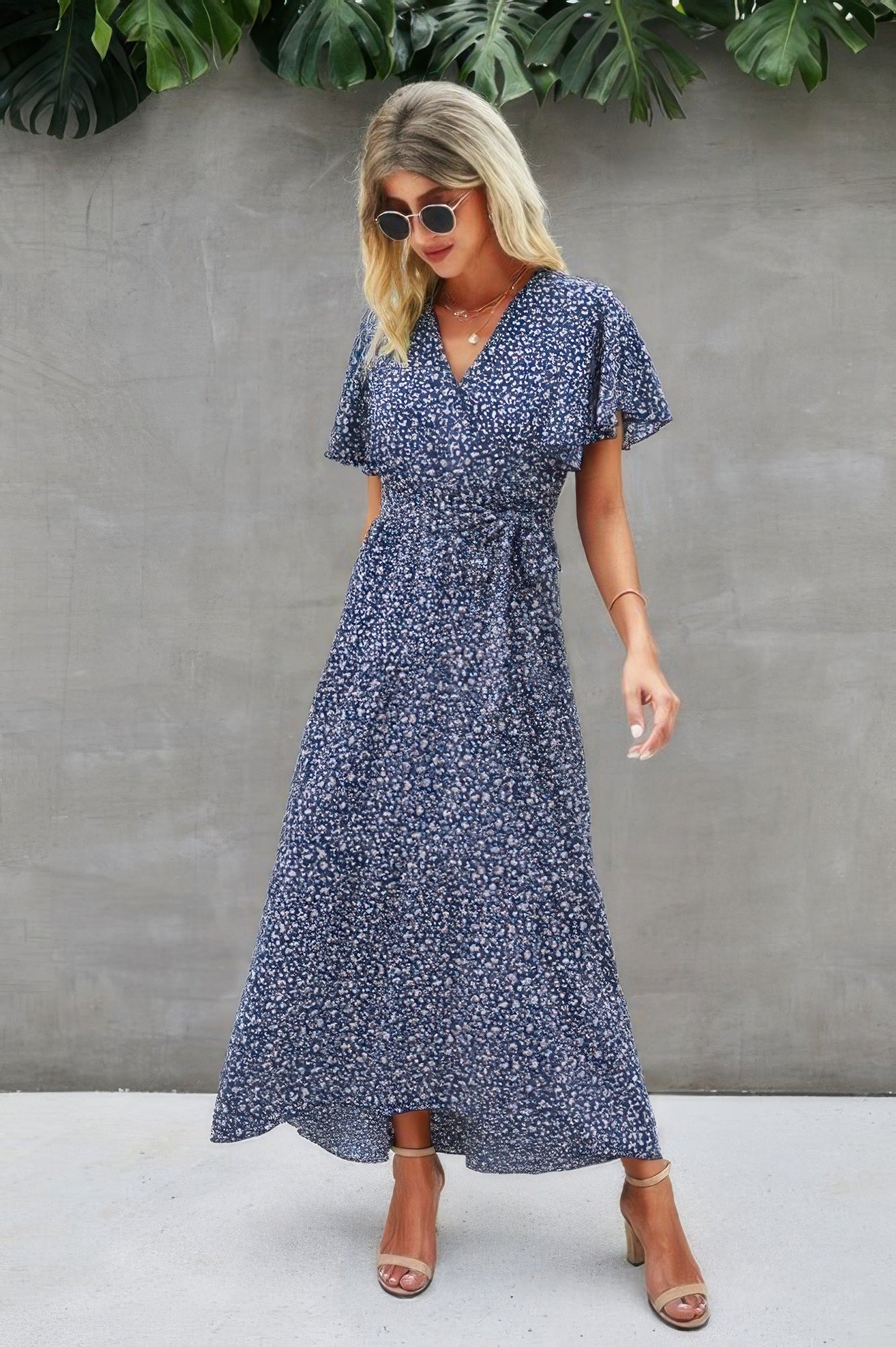 V Neck Blue Floral Short Sleeve Wrap Dress - Tigbul's Variety Fashion Shop