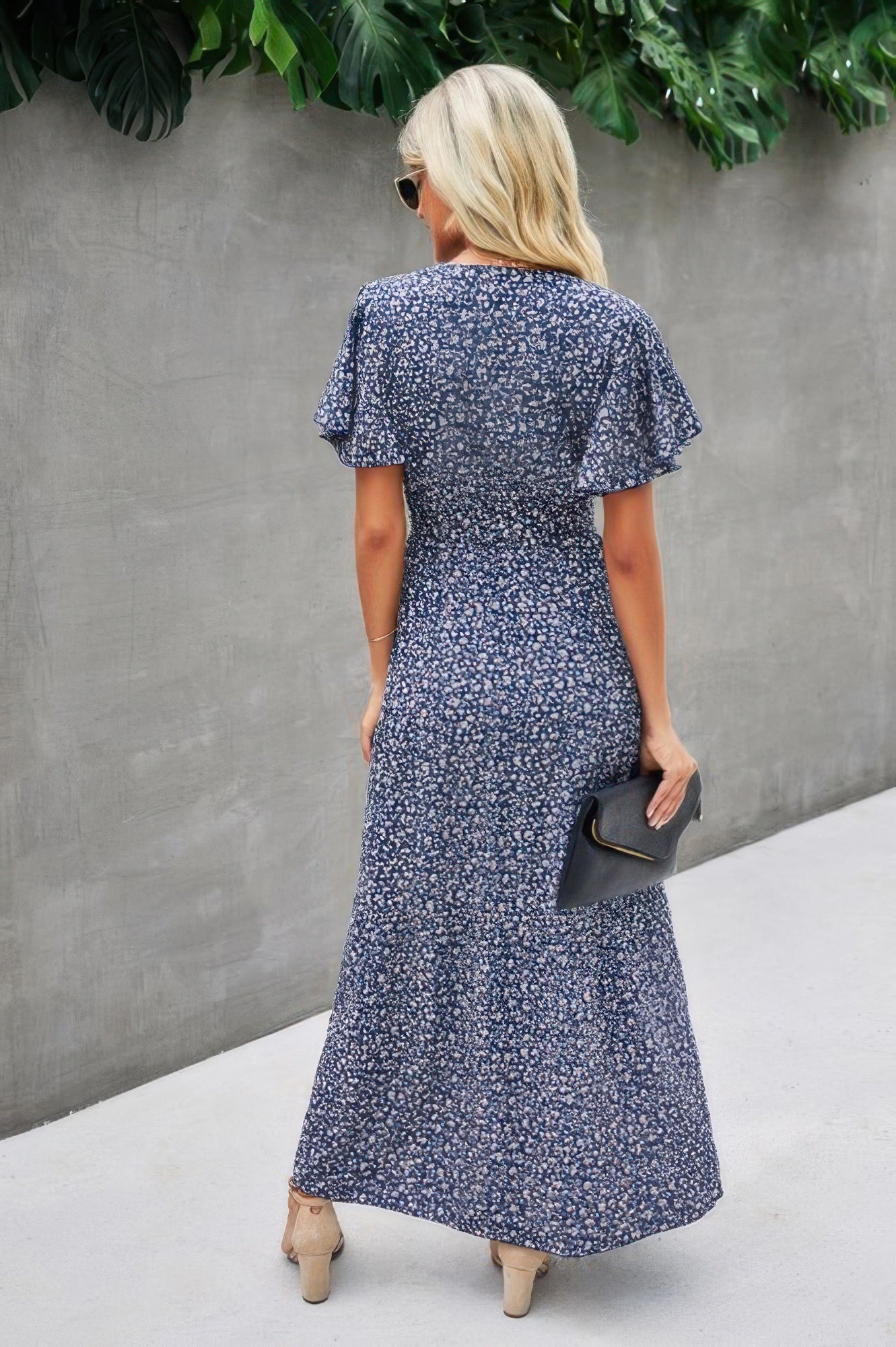 V Neck Blue Floral Short Sleeve Wrap Dress - Tigbul's Variety Fashion Shop