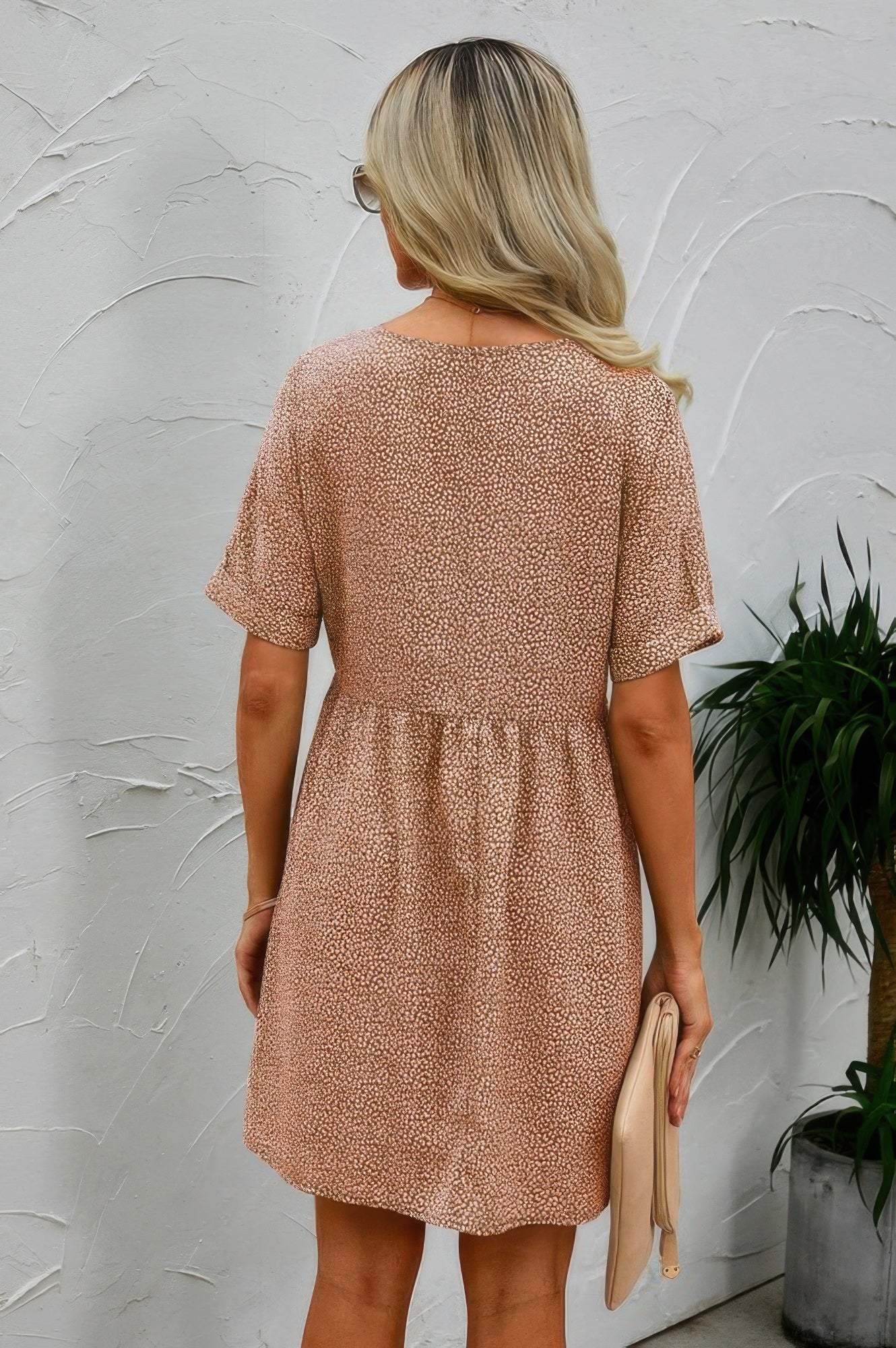 Khaki Button V Neck Short Sleeve Tunic Short Dress - Tigbul's Variety Fashion Shop