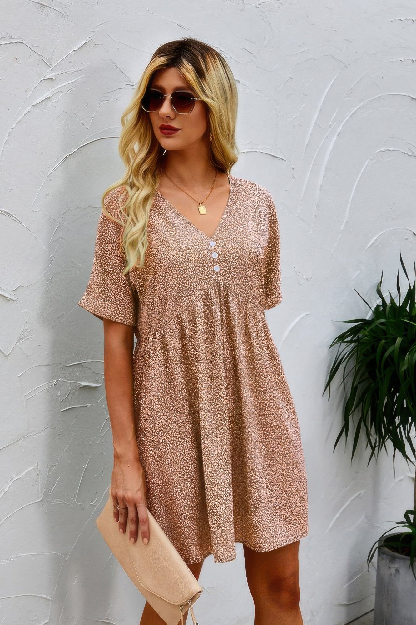 Khaki Button V Neck Short Sleeve Tunic Short Dress - Tigbul's Variety Fashion Shop