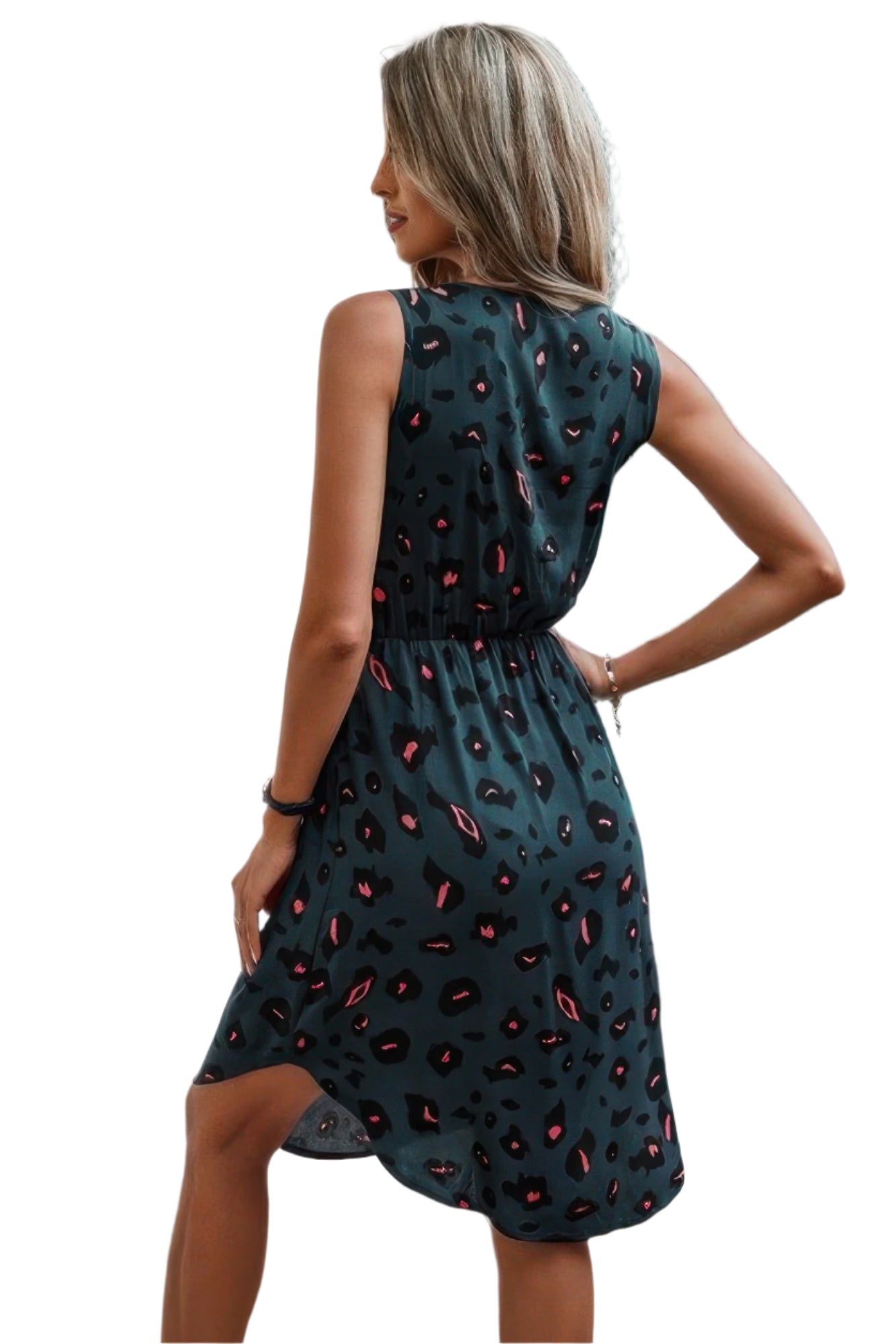 Leopard V Neck Sleeveless Button Fit Midi Dress - Tigbul's Variety Fashion Shop