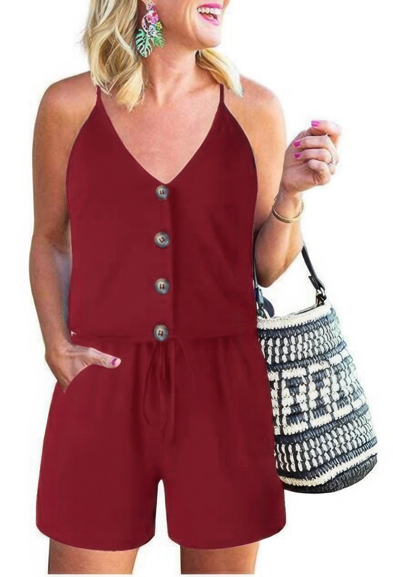 Button Sleeveless Spaghetti Strap Cami Romper - Tigbul's Variety Fashion Shop
