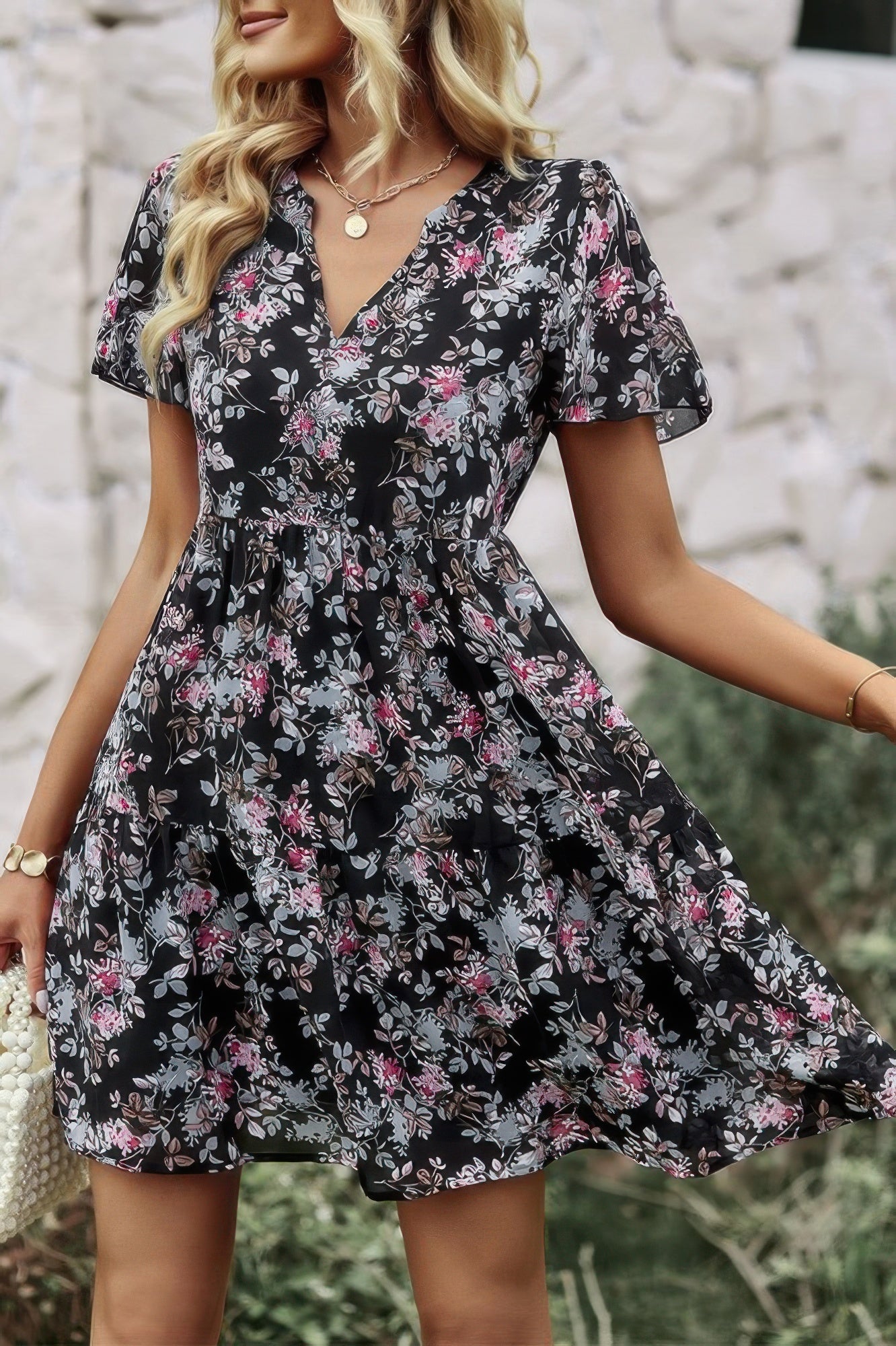 V Neck Bohemian Floral Print A Line Fit Dress - Tigbul's Variety Fashion Shop