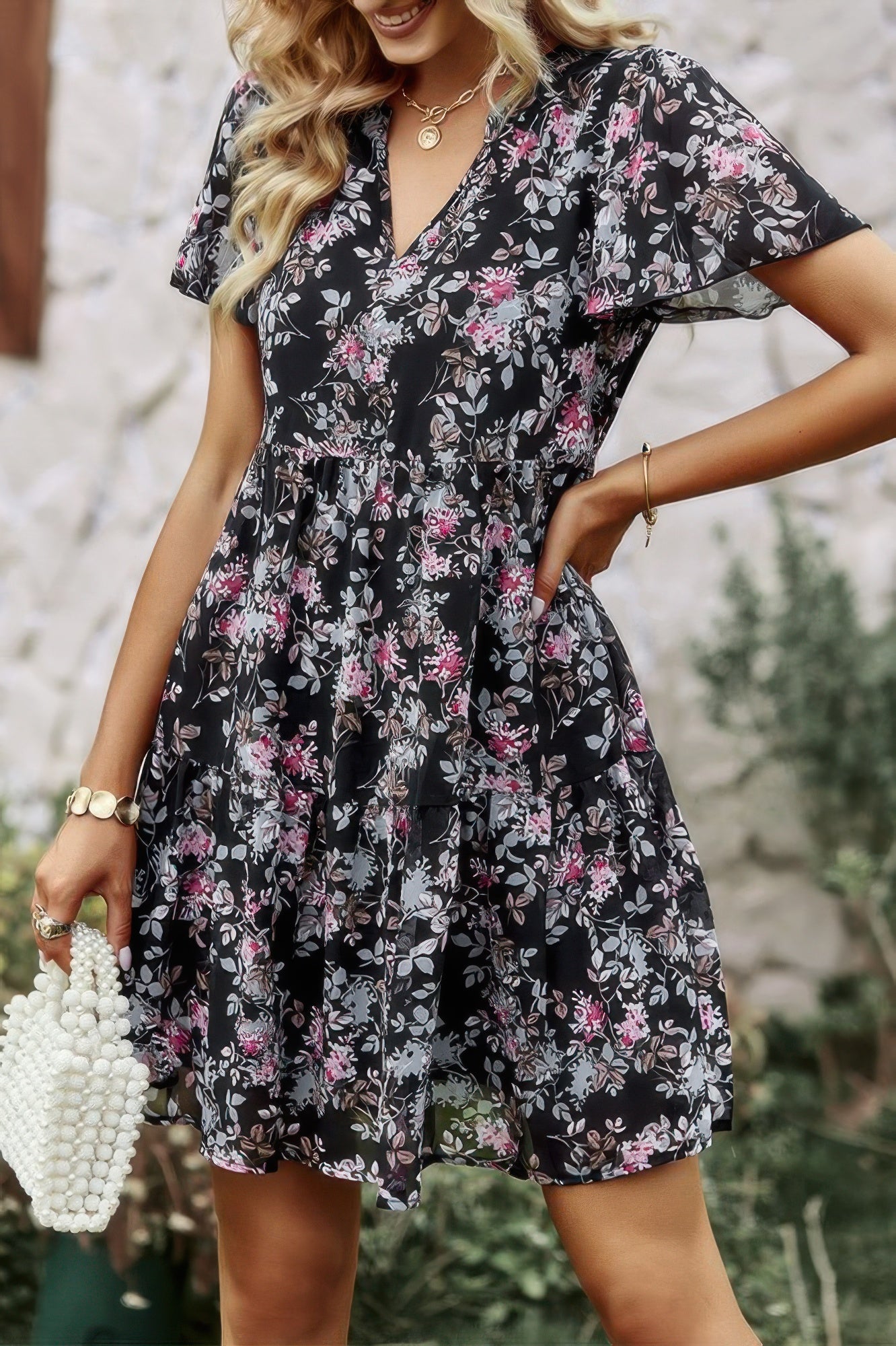V Neck Bohemian Floral Print A Line Fit Dress - Tigbul's Variety Fashion Shop
