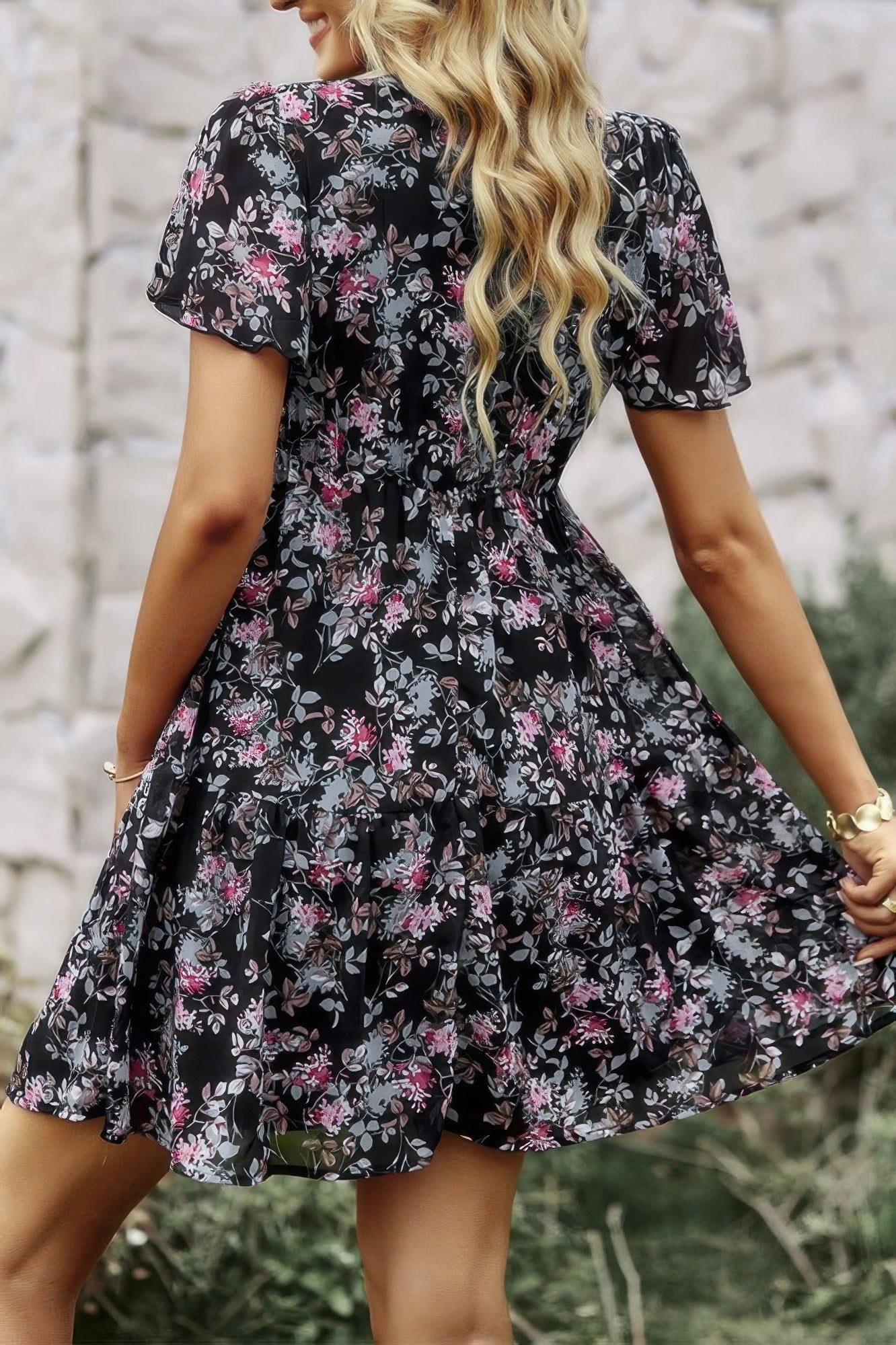 V Neck Bohemian Floral Print A Line Fit Dress - Tigbul's Variety Fashion Shop