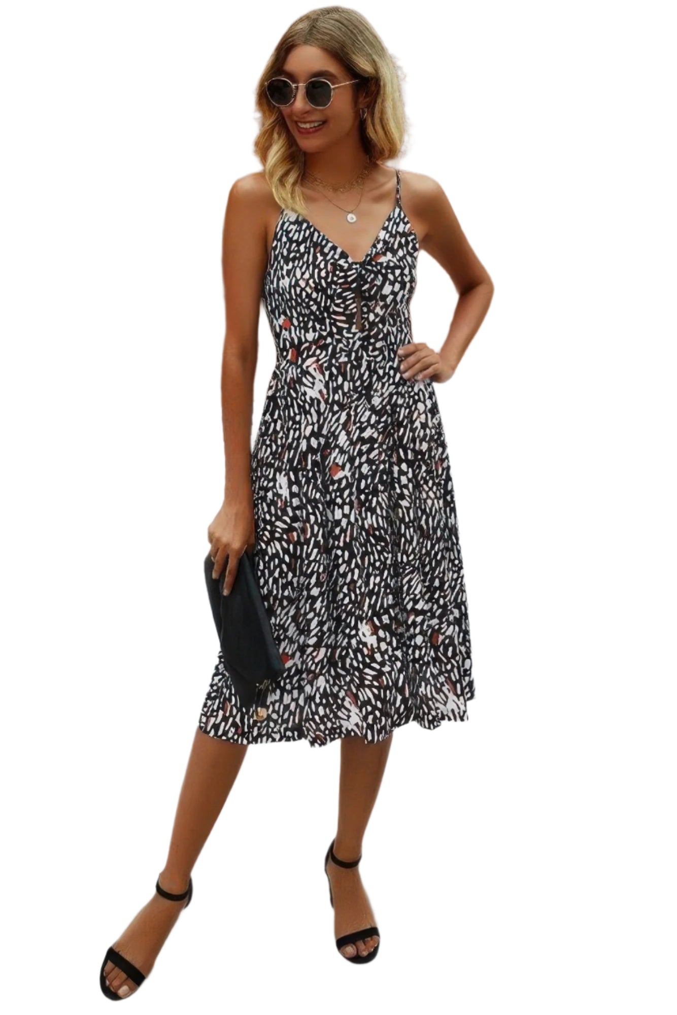 V Neck Spaghetti Strap Leopard Cut Out Midi Dress - Tigbul's Variety Fashion Shop