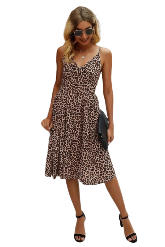 V Neck Spaghetti Strap Leopard Cut Out Midi Dress - Tigbul's Variety Fashion Shop