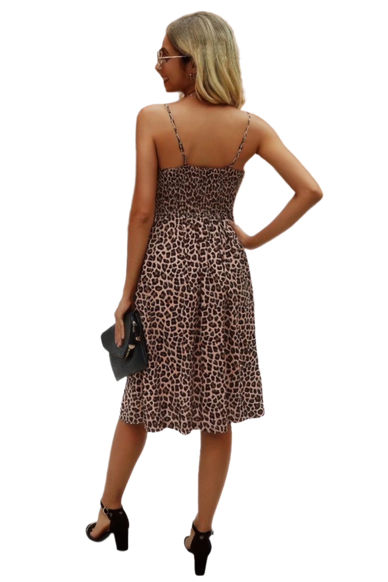 V Neck Spaghetti Strap Leopard Cut Out Midi Dress - Tigbul's Variety Fashion Shop