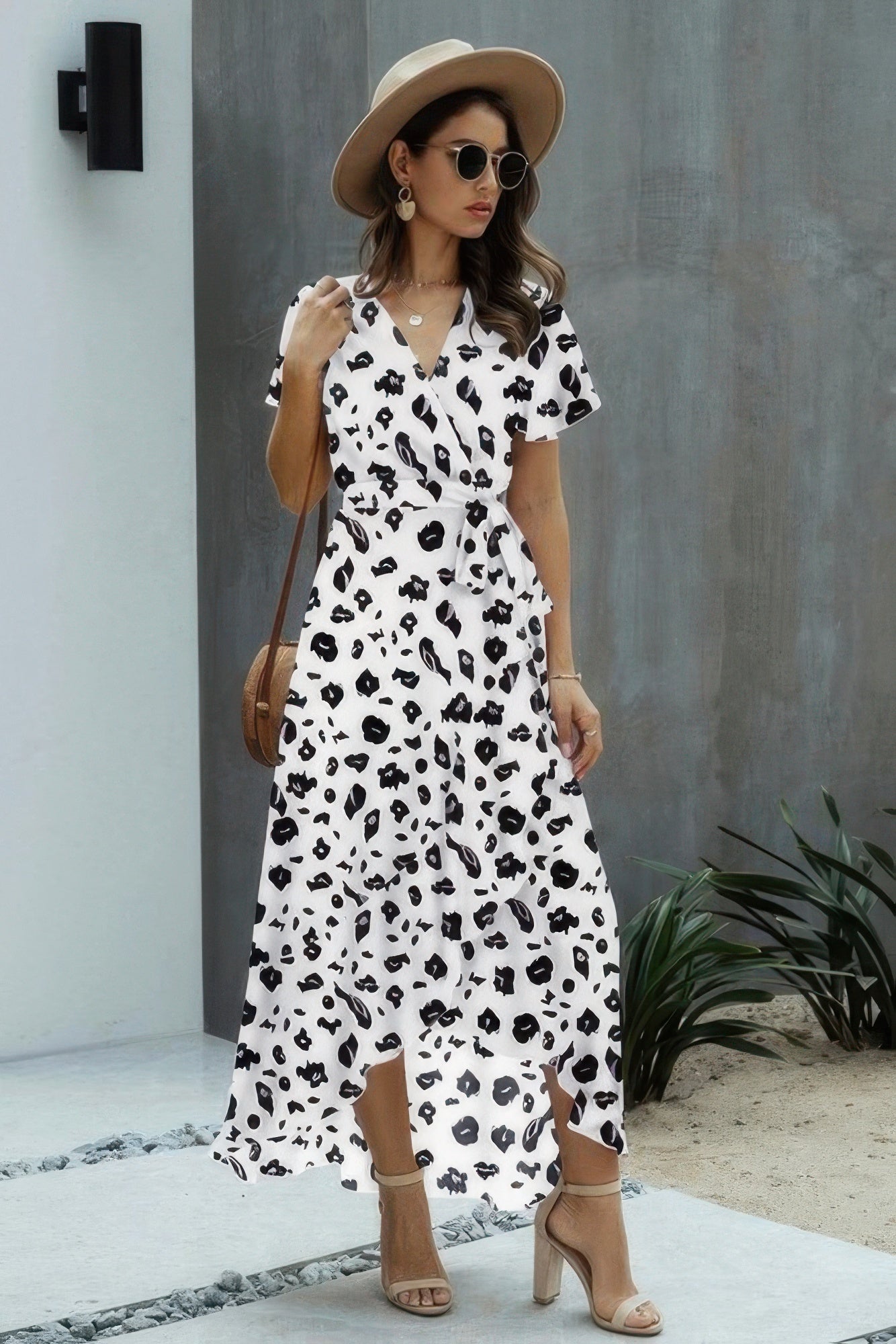 Allover Print High V Neck Low Wrap Dress - Tigbul's Variety Fashion Shop