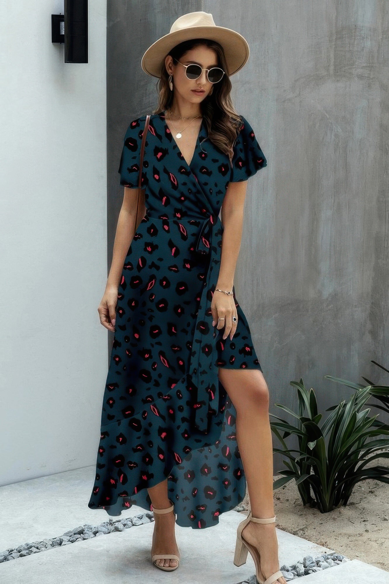 Allover Print High V Neck Low Wrap Dress - Tigbul's Variety Fashion Shop