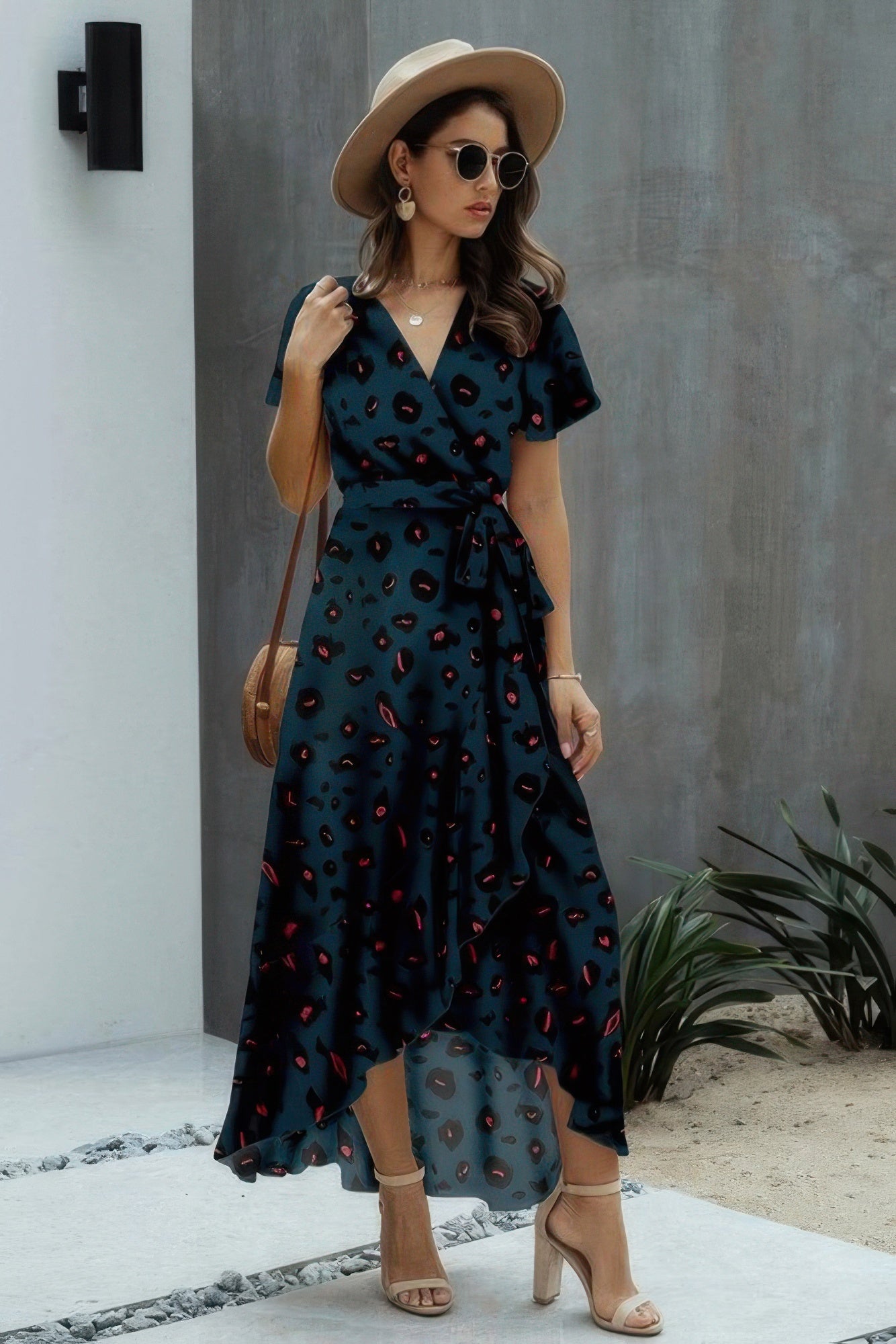 Allover Print High V Neck Low Wrap Dress - Tigbul's Variety Fashion Shop
