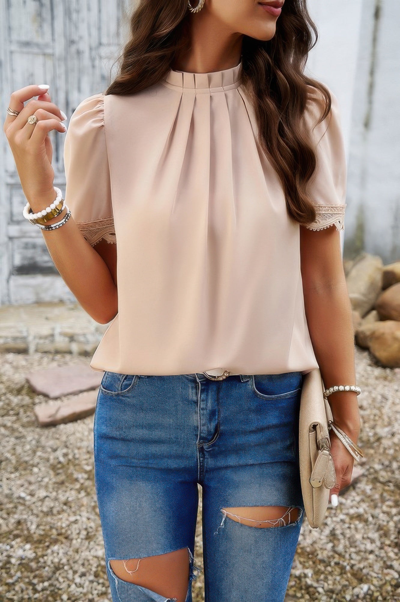 Crew Neck Solid Ruffle Loose Fit Dressy Elegant Shirt - Tigbul's Variety Fashion Shop