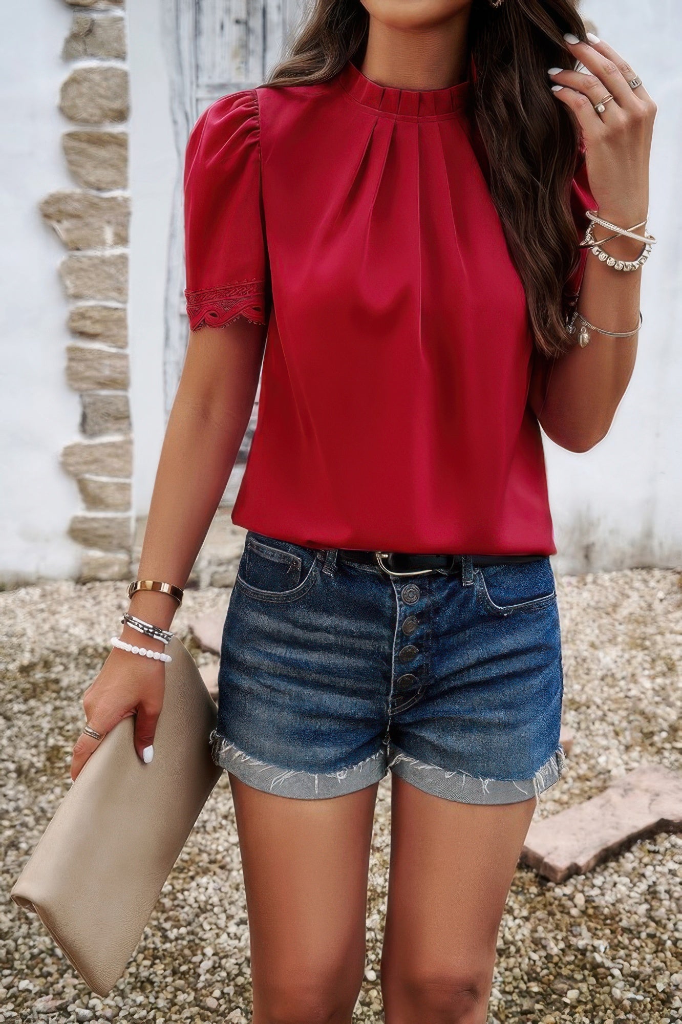 Crew Neck Solid Ruffle Loose Fit Dressy Elegant Shirt - Tigbul's Variety Fashion Shop