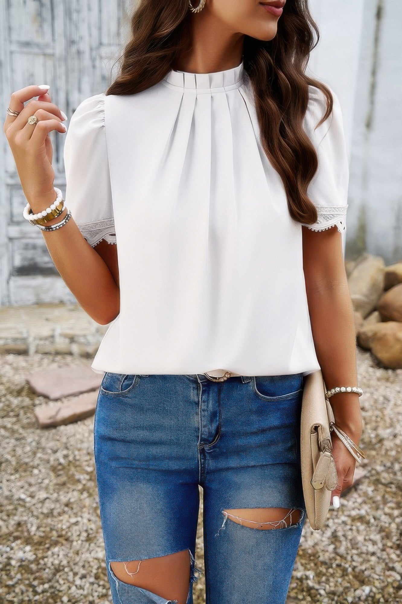 Crew Neck Solid Ruffle Loose Fit Dressy Elegant Shirt - Tigbul's Variety Fashion Shop