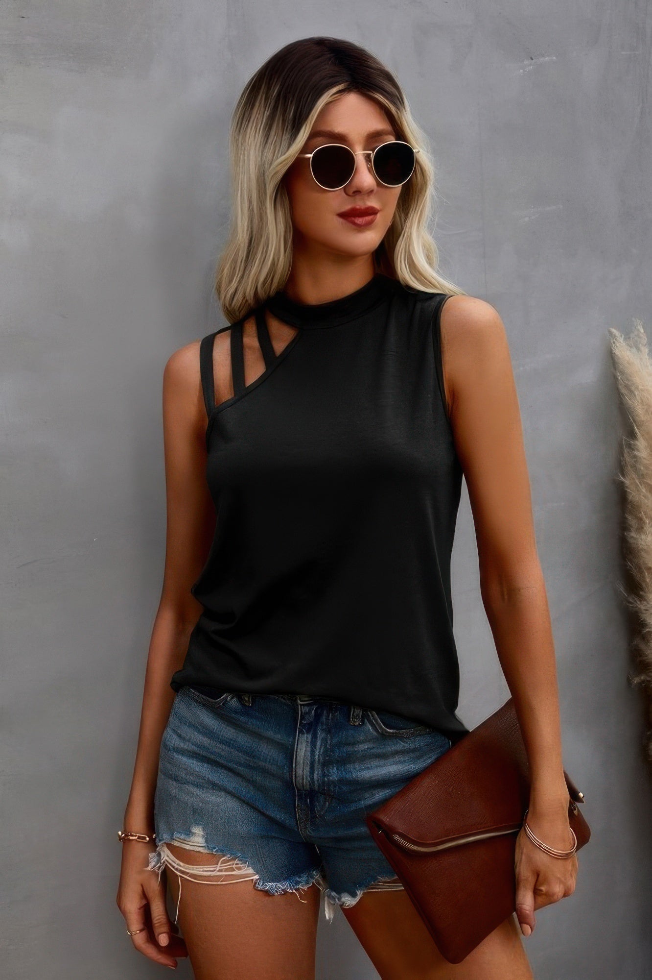 Solid Cold Cut Out Shoulder Sleeveless Top - Tigbul's Variety Fashion Shop