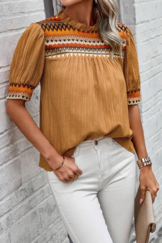 Geometric Print Elegant Textured Puff Sleeve Shirt - Tigbul's Variety Fashion Shop