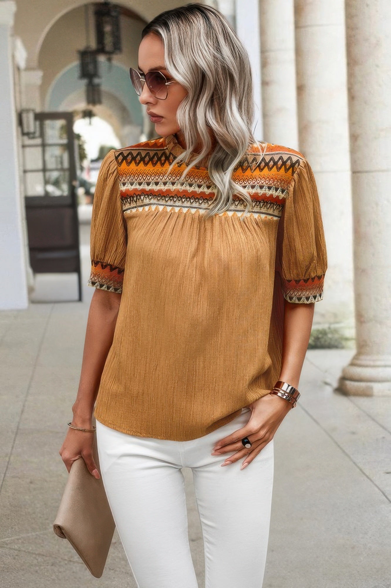 Geometric Print Elegant Textured Puff Sleeve Shirt - Tigbul's Variety Fashion Shop