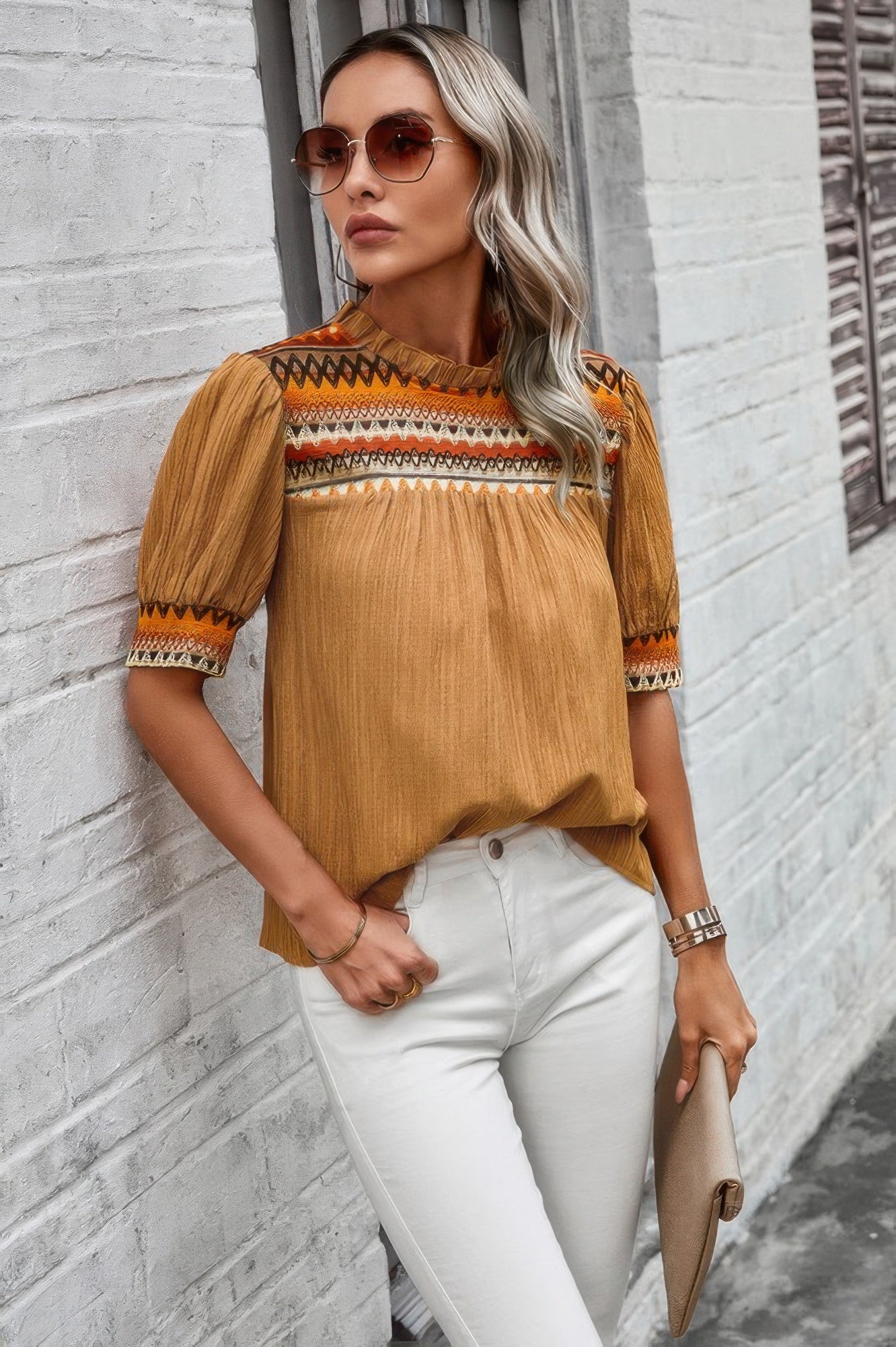 Geometric Print Elegant Textured Puff Sleeve Shirt - Tigbul's Variety Fashion Shop