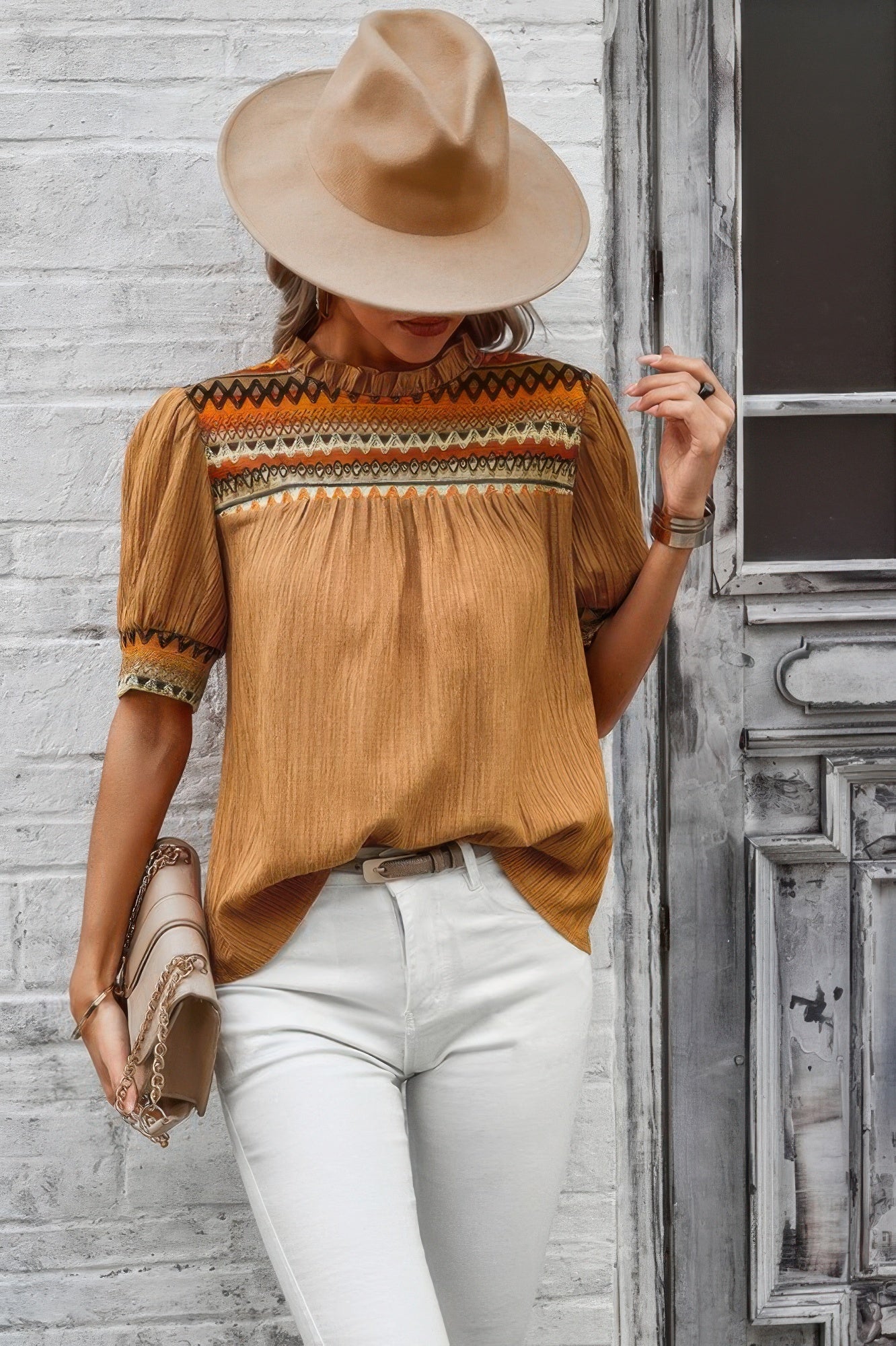 Geometric Print Elegant Textured Puff Sleeve Shirt - Tigbul's Variety Fashion Shop