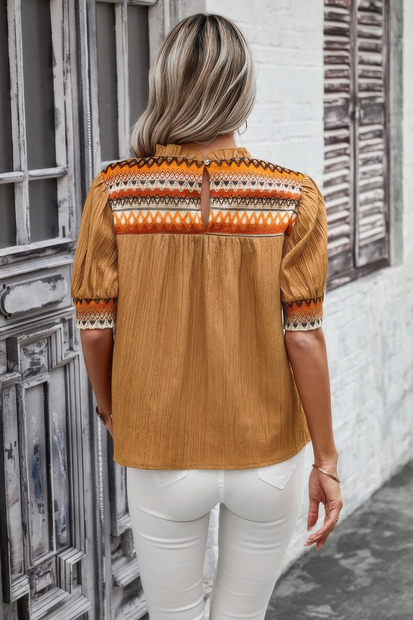 Geometric Print Elegant Textured Puff Sleeve Shirt - Tigbul's Variety Fashion Shop