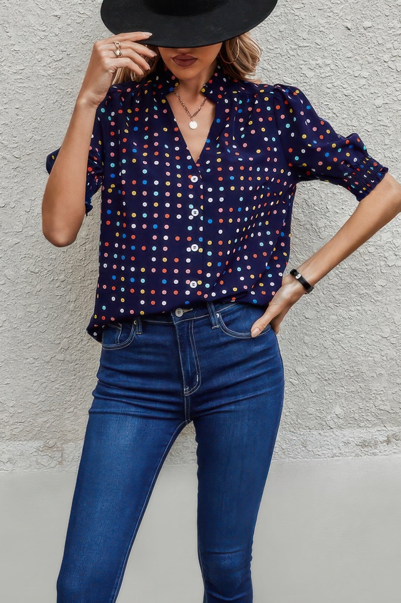 Polka Dot Print Puff Sleeve Loose Shirt - Tigbul's Variety Fashion Shop