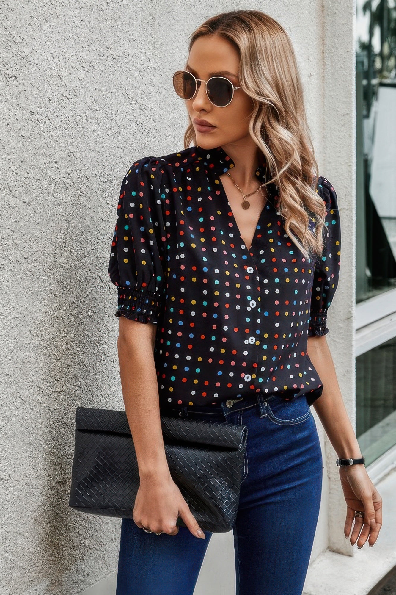 Polka Dot Print Puff Sleeve Loose Shirt - Tigbul's Variety Fashion Shop