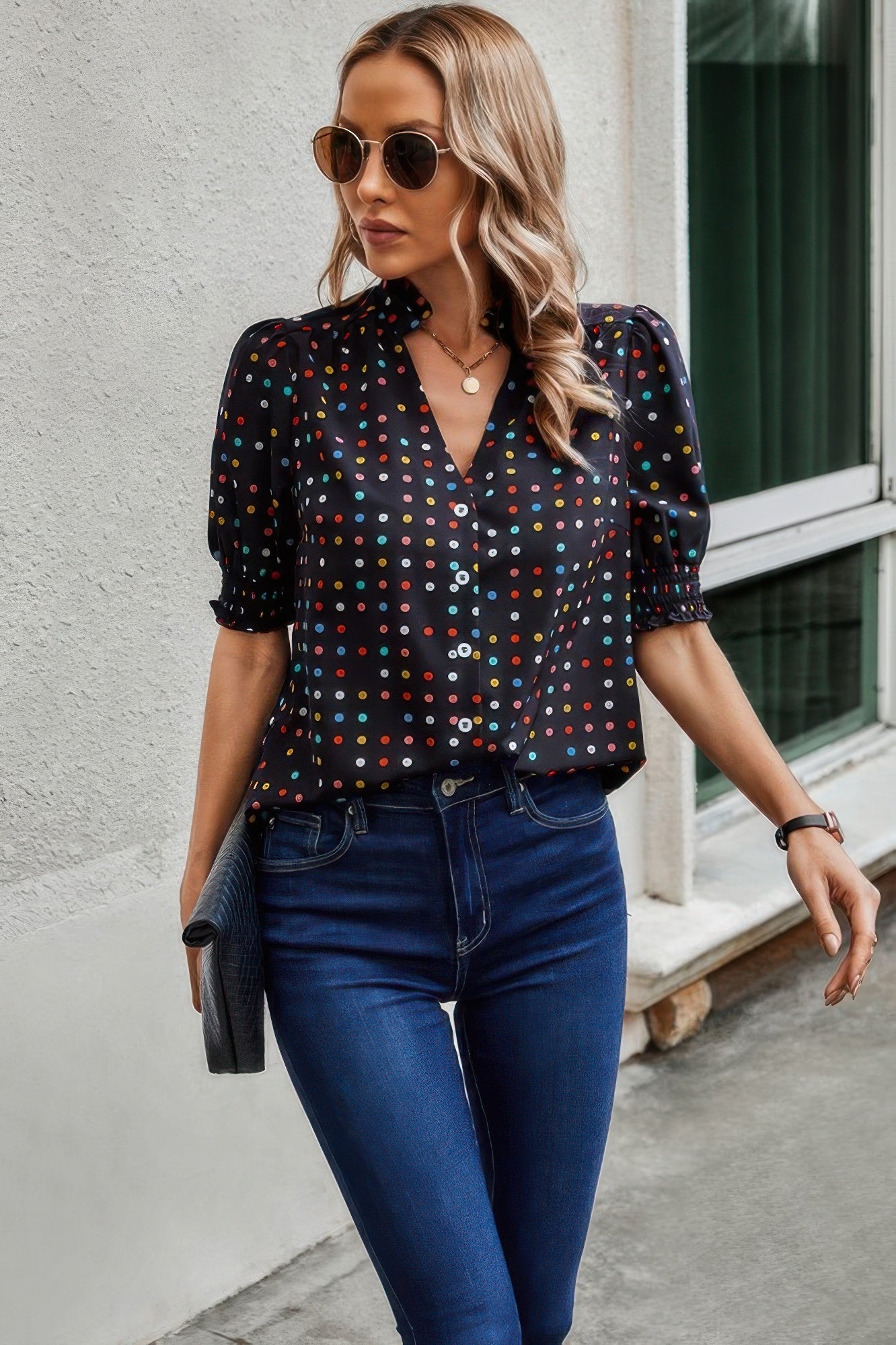 Polka Dot Print Puff Sleeve Loose Shirt - Tigbul's Variety Fashion Shop