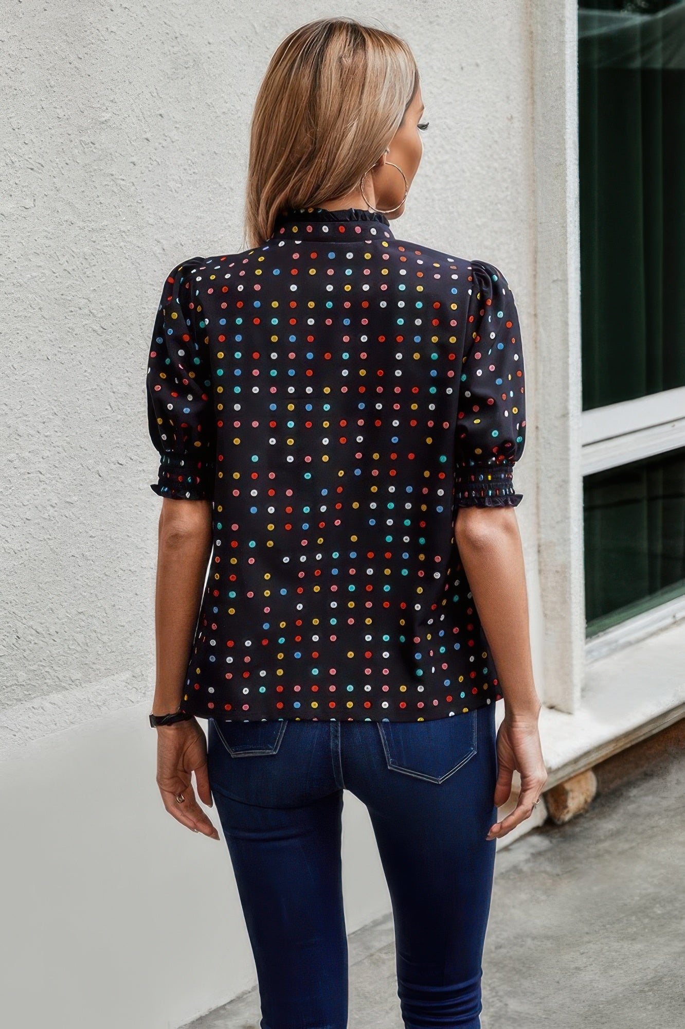 Polka Dot Print Puff Sleeve Loose Shirt - Tigbul's Variety Fashion Shop