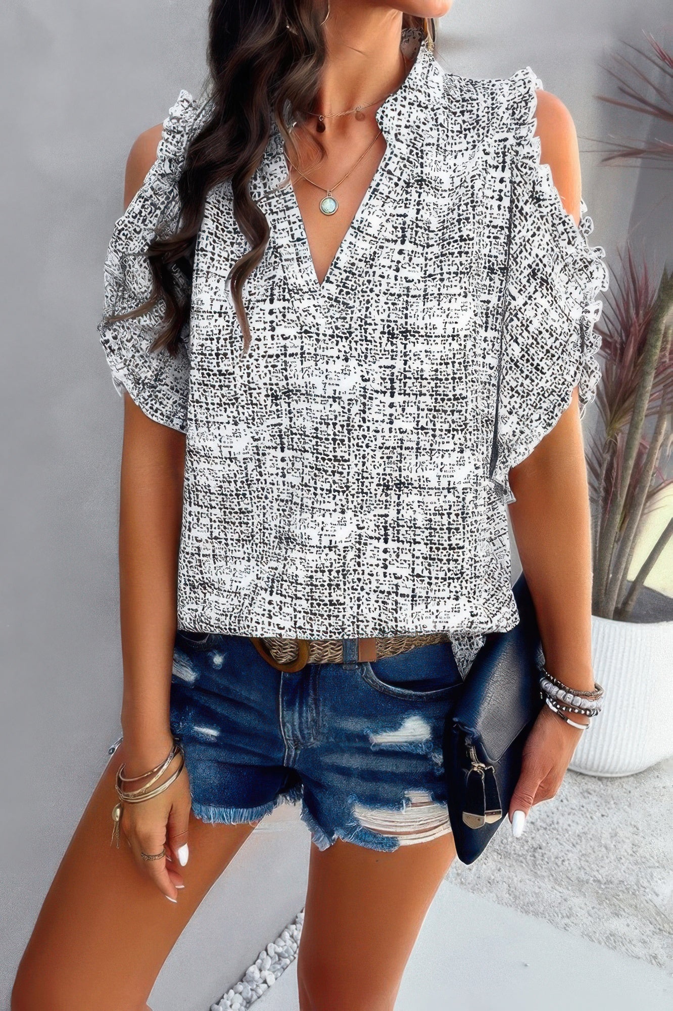 Printed Mandarine Collar Cold Shoulder Loose Top - Tigbul's Variety Fashion Shop