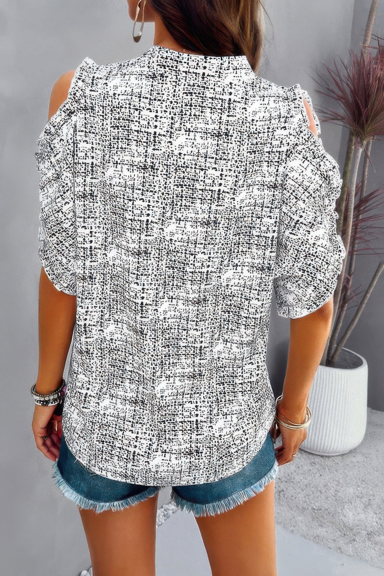 Printed Mandarine Collar Cold Shoulder Loose Top - Tigbul's Variety Fashion Shop