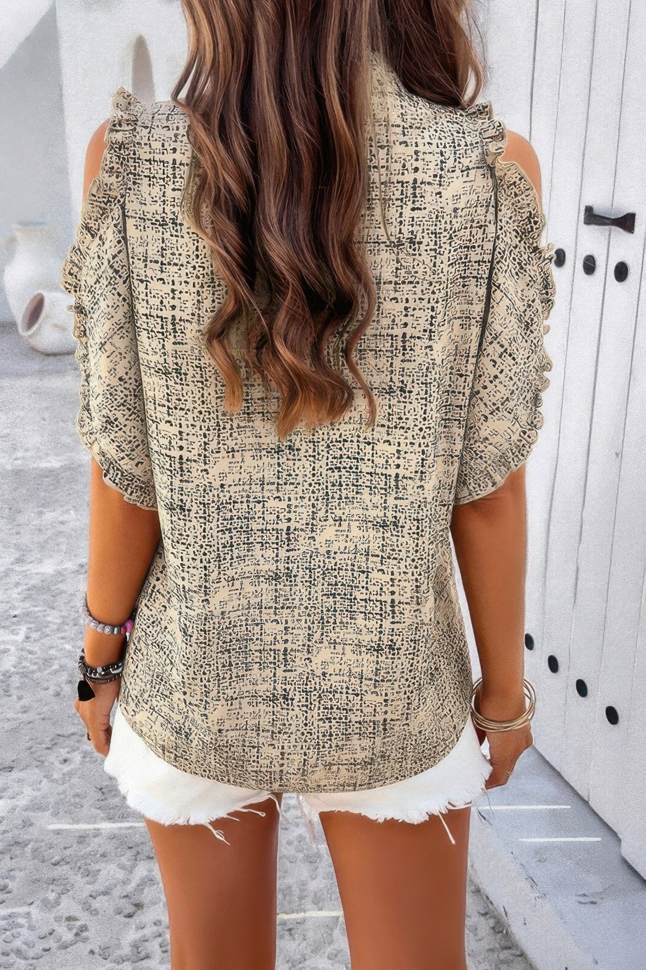 Printed Mandarine Collar Cold Shoulder Loose Top - Tigbul's Variety Fashion Shop