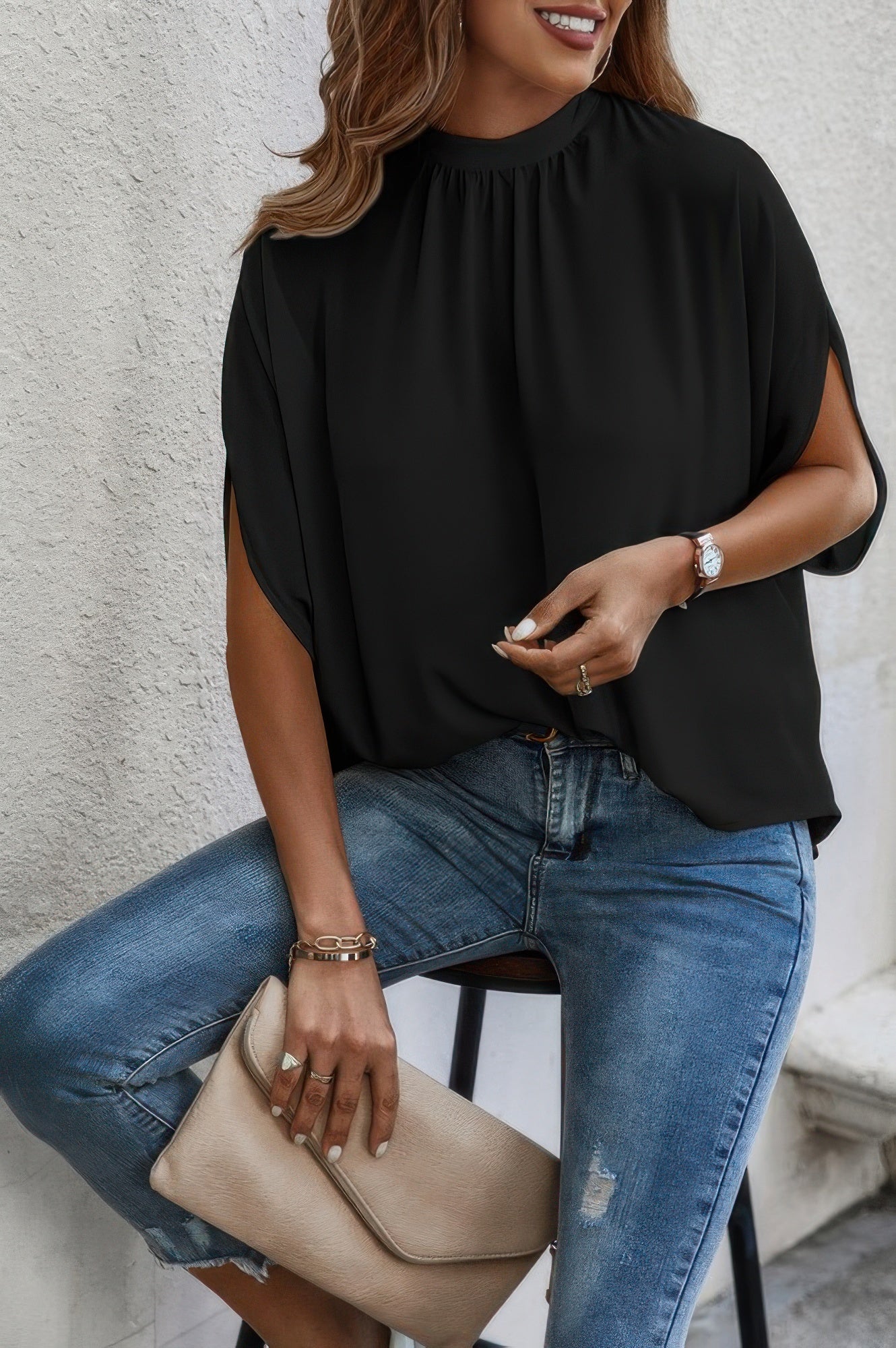Mock Neck Batwing Sleeve Solid Loose Blouse - Tigbul's Variety Fashion Shop