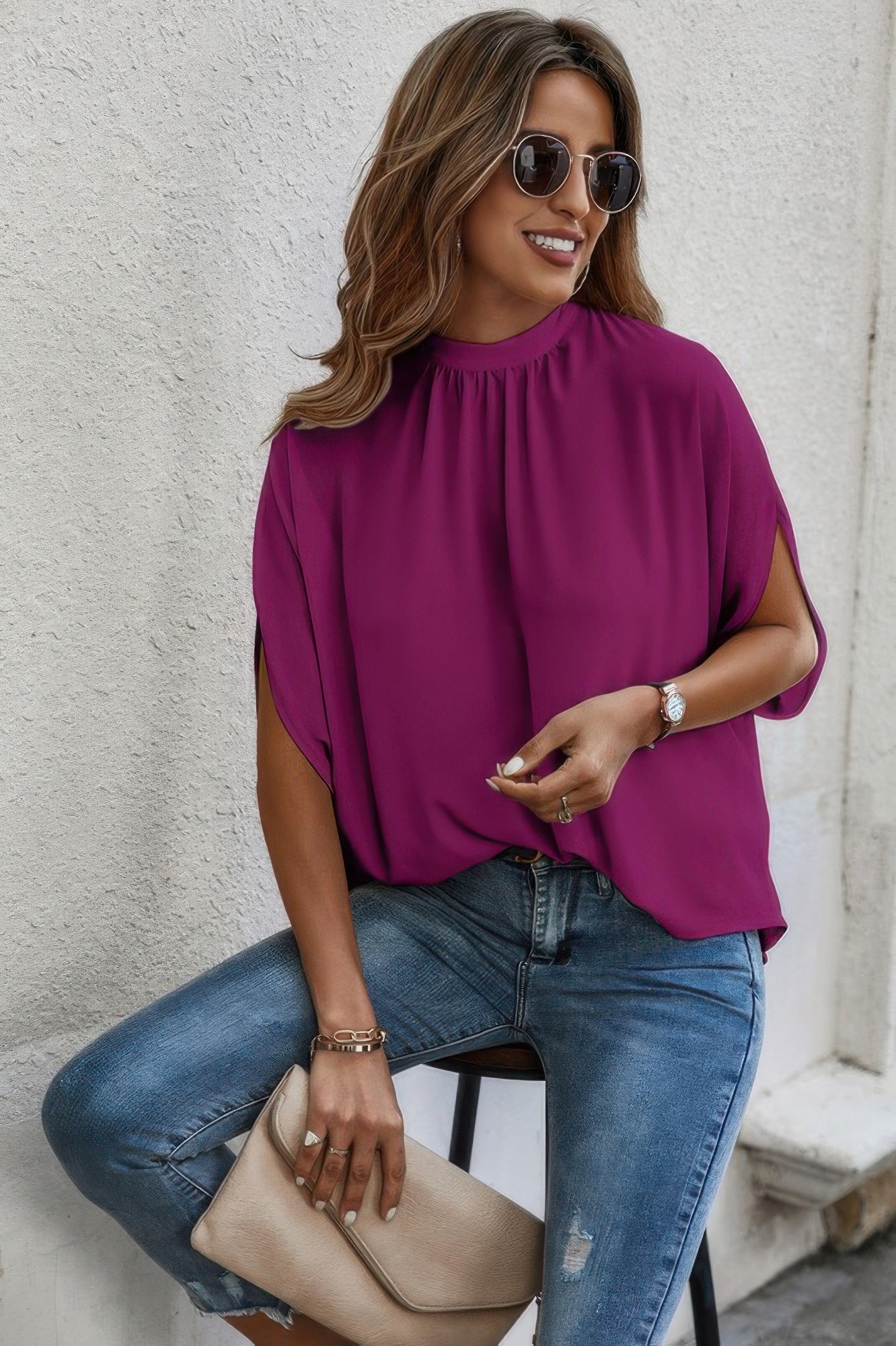 Mock Neck Batwing Sleeve Solid Loose Blouse - Tigbul's Variety Fashion Shop