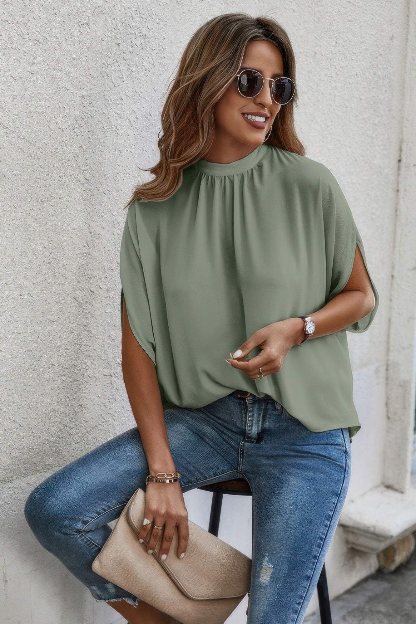 Mock Neck Batwing Sleeve Solid Loose Blouse - Tigbul's Variety Fashion Shop