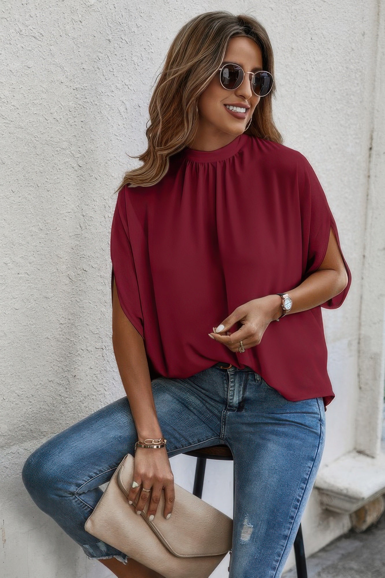 Mock Neck Batwing Sleeve Solid Loose Blouse - Tigbul's Variety Fashion Shop