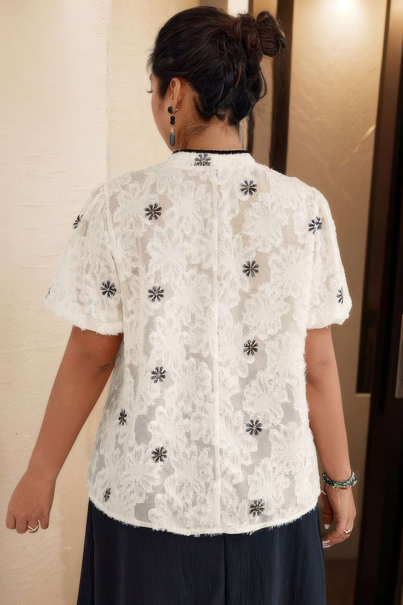 Plus Color Black Lace Trim Loose Fit Chiffon Beige Top - Tigbul's Variety Fashion Shop