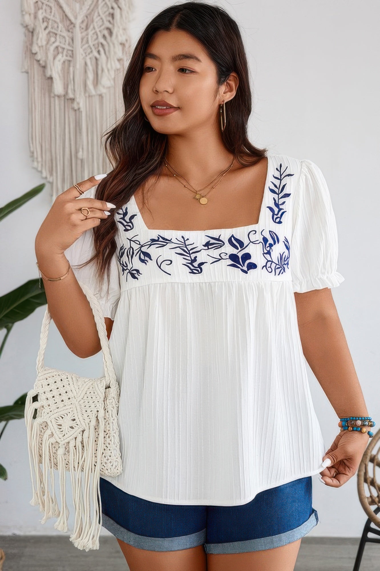 Plus Square Neck Floral Print Pleasted Puff White Blouse - Tigbul's Variety Fashion Shop
