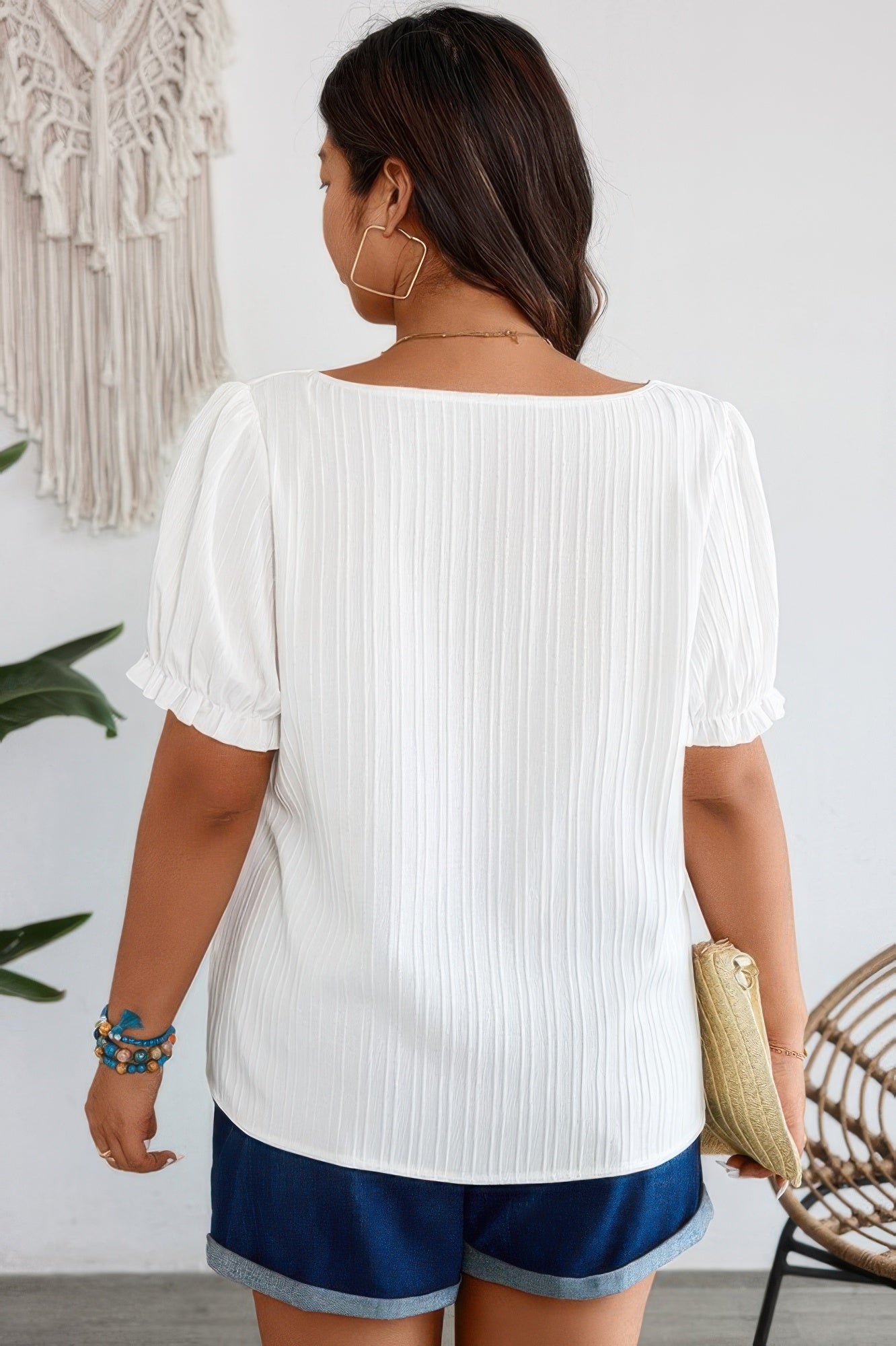 Plus Square Neck Floral Print Pleasted Puff White Blouse - Tigbul's Variety Fashion Shop