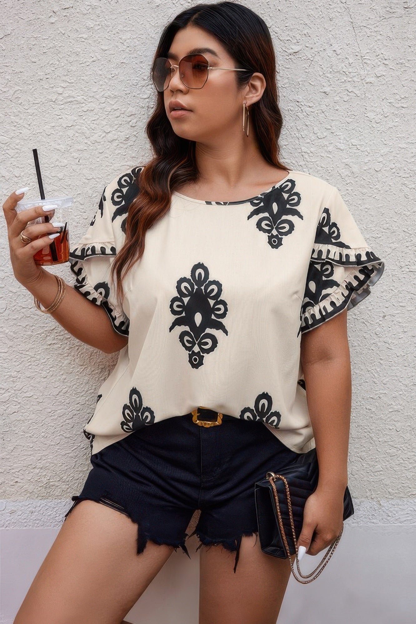 Plus Printed Ruffle Hem Wide Round Neck Beige Blouse - Tigbul's Variety Fashion Shop