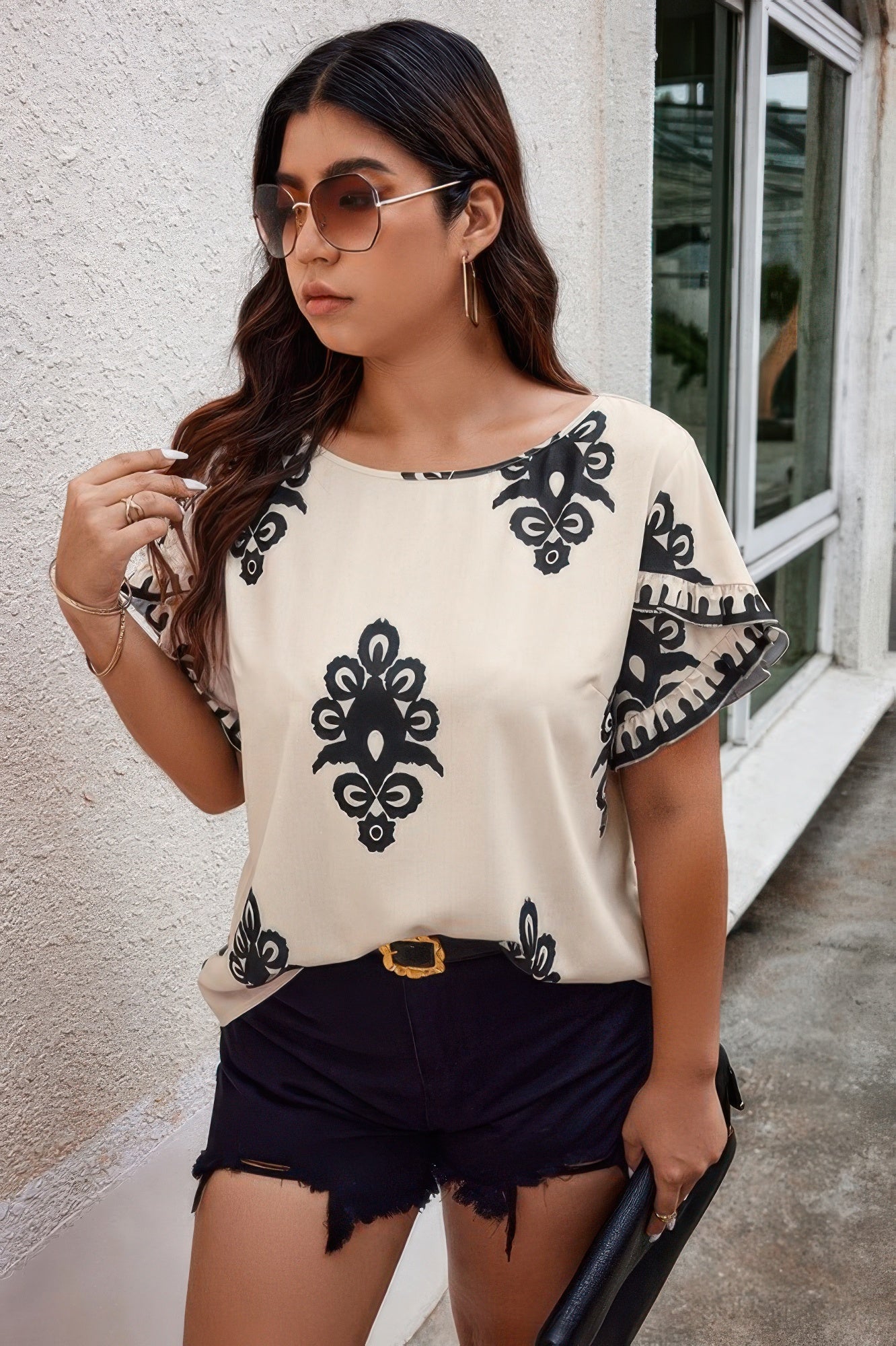 Plus Printed Ruffle Hem Wide Round Neck Beige Blouse - Tigbul's Variety Fashion Shop