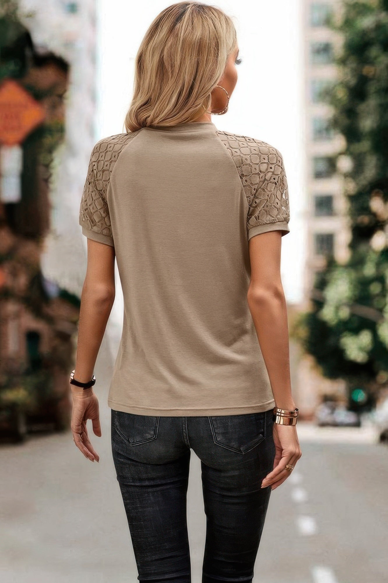 Solid Lace Sleeve Color Block Ruched Fit Khaki Top - Tigbul's Variety Fashion Shop