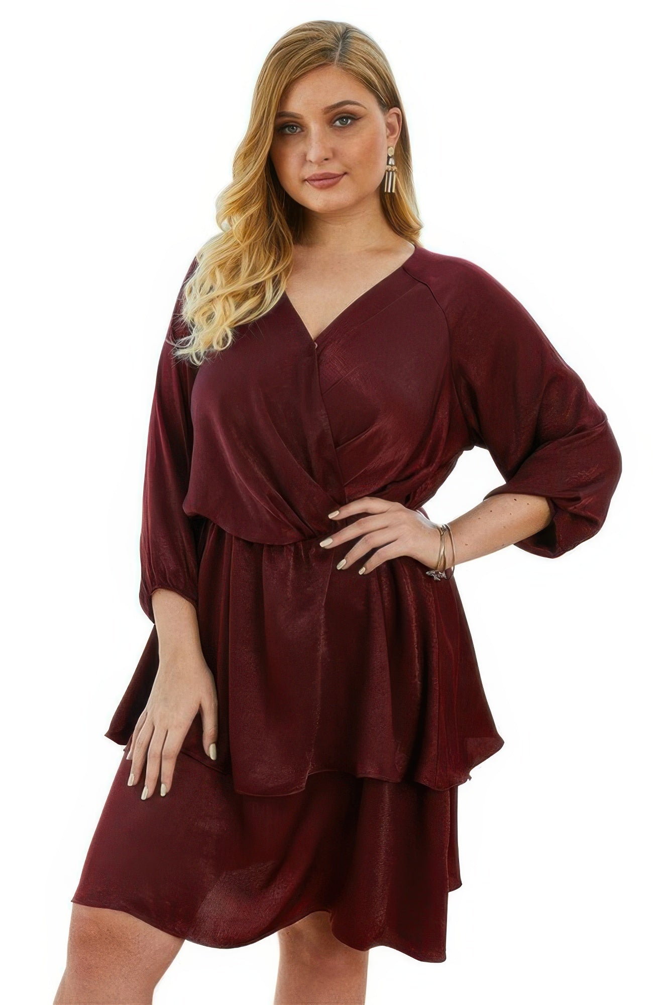 Plus Size Solid V Neck Ruffled Hem Dress - Tigbul's Variety Fashion Shop