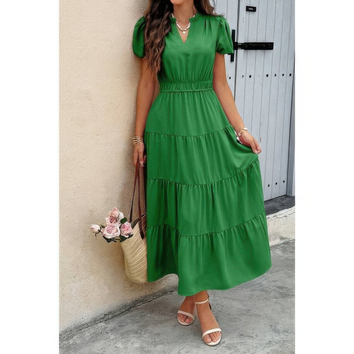 Solid V Neck Color Block Elastic Waist Dress - Tigbul's Variety Fashion Shop