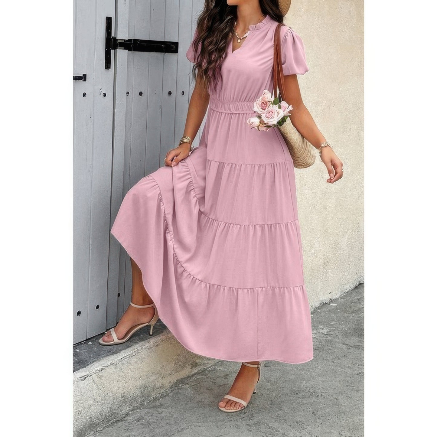 Solid V Neck Color Block Elastic Waist Dress - Tigbul's Variety Fashion Shop
